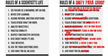   From Worst Paranormal. “The difference between the unity groups and those who challenge and question everything. For the record, I am not claiming to be a scientist. The image was in my feed, I did a little tweaking for some fun and humor.”